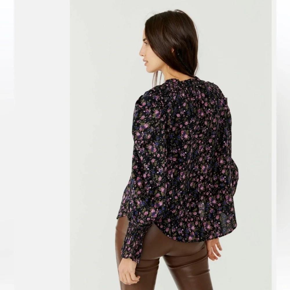 Free People Black Puff Sleeve Blouse with Ruffled Tie Front